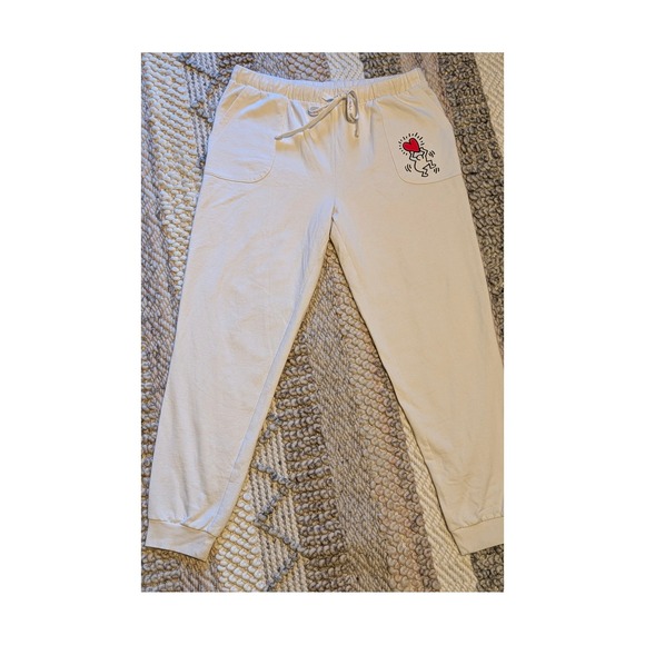 keith haring Pants - Keith Haring Graphic Joggers Cream Fleece Sweatpants Womens M retro streetwear